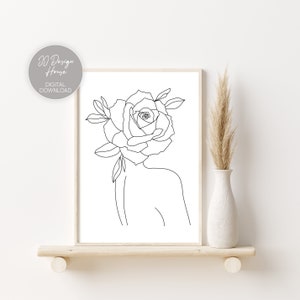 Line Art Woman With Flowers, Woman Line Drawing, Female Body Art, Head Of Flowers Art Print, Line Art Flowers, Minimal Line Drawing Woman