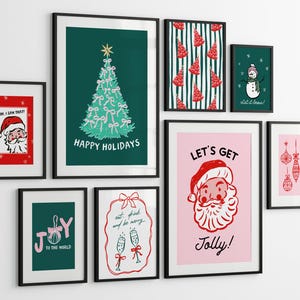 レトロなクリスマス ウォール アート プリント 9 枚セット、サンタクロース プリント メガ バンドル ホリデー デコレーション、クリスマス ウォール デコレーション、印刷可能なクリスマス ウォール アート