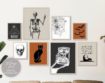Halloween Prints Set of 8, Halloween Decor, Halloween Wall Art, Black Orange Decor, Skeleton Prints, Spooky Decor Halloween Bundle Printable