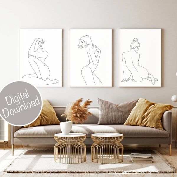 Female Nude Line Art Set of 3 Prints, One Line Art Print, Minimalist Wall Art, Woman Line Drawing Printable Art, Woman Drawing Nude Wall Art