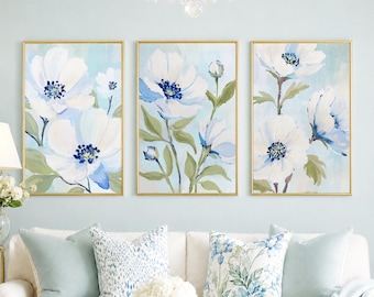Blue Floral Wall Art Set of 3, Pastel Flower Prints, Cottage Wall Decor, Botanical Printable Art
