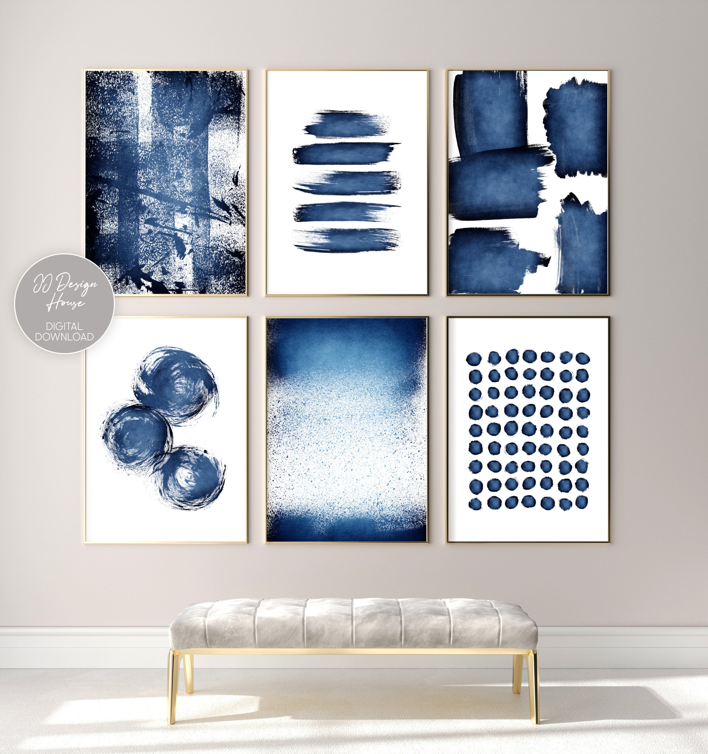 Abstract Watercolor Gallery Set Wall Art, Blue Wall Art, Large Navy ...