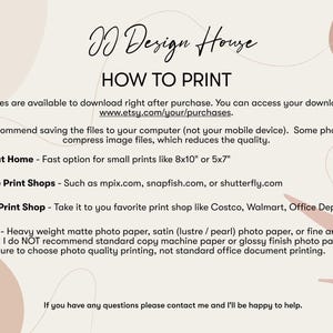 May include: A beige and brown graphic with the text "JJ Design House" and "HOW TO PRINT". Instructions include downloading files, printing at home, online print shops, and local print shops. Paper recommendations are also listed.