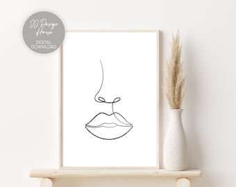 Woman Face Line Art, Abstract Lips Line Drawing, Lips Line Art Print, Girly Wall Art, Fashion Prints, Minimalist Decor, Face Wall Print