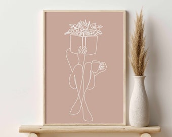 Book Lover Gift Minimalist Wall Art, Woman Reading Art, Bookish Wall Art, Beige White Print Woman With Flowers Art, Printable Wall Art