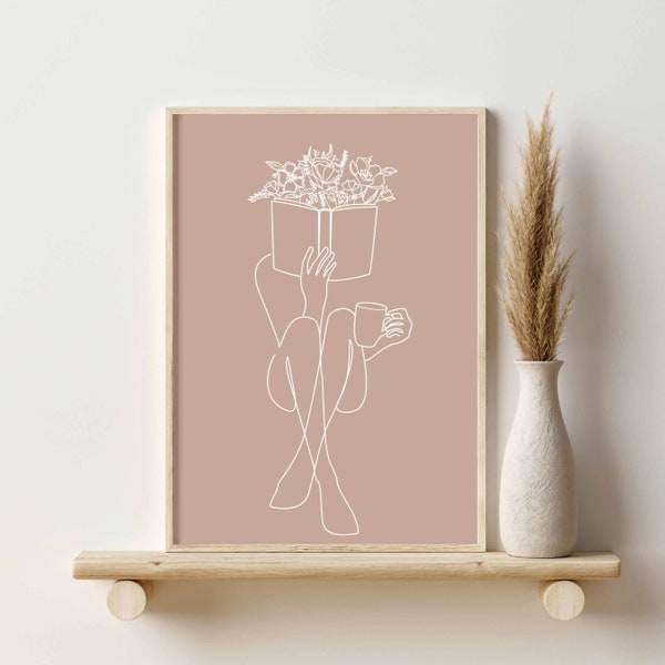 Regalo amante del libro Arte de pared minimalista, Arte de lectura de mujer, Arte de pared librero, Mujer con estampado blanco beige con arte de flores, Arte de pared imprimible