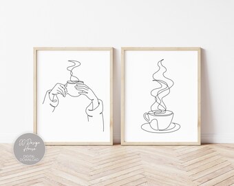 May include: Two black and white line art prints of a coffee cup with steam. One print shows a hand holding the cup, the other shows the cup on a saucer.
