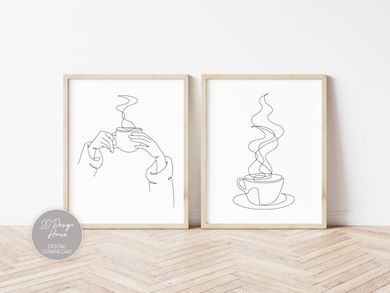 Coffee Prints, Coffee Bar Sign Minimalist Decor, Coffee Shop Poster, Coffee Art Prints One Line Drawing, Printable Wall Art, Single Line Art