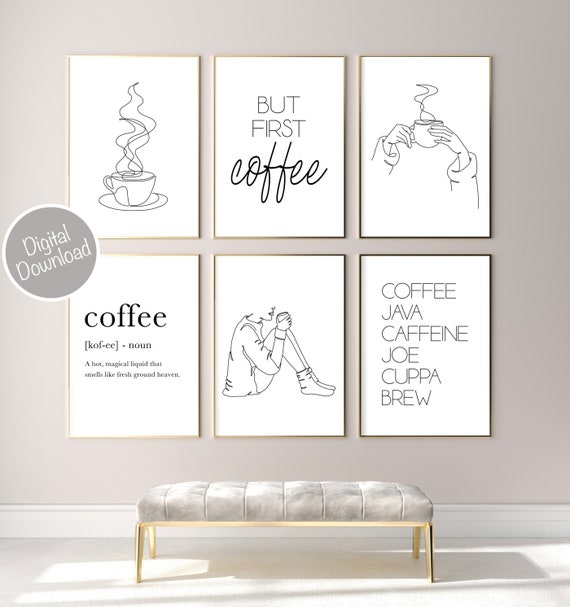 Coffee Shop Wall Art Set of 6, Coffee Art Print Set, Coffee Shop Poster, Coffee Bar Sign Minimalist Decor, Printable Wall Art Kitchen Decor