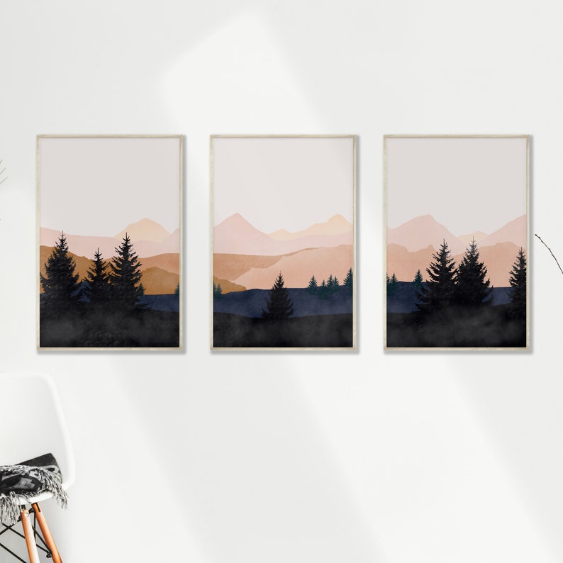 Mountain Wall Art Gallery Wall Set, 3 Piece Wall Art, Watercolor Mountain Print, Landscape Print Set, Modern Home Decor, Printable Triptych image 2