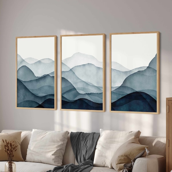 Navy Blue Wall Art Digital Prints, 3 Piece Wall Art Abstract Mountain Print Set, Landscape Print Set, Modern Home Decor, Printable Triptych