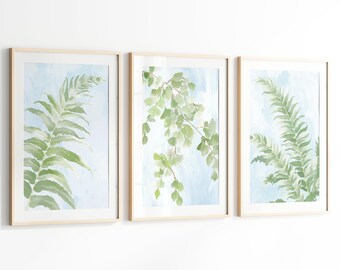 Blue Green Botanical Wall Art Set of 3, Coastal Art Prints, Fern Art Prints