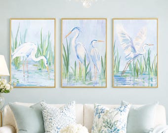 Coastal Bird Wall Art Set of 3, Blue Heron Printable, Beach House Decor, Coastal Gallery Wall