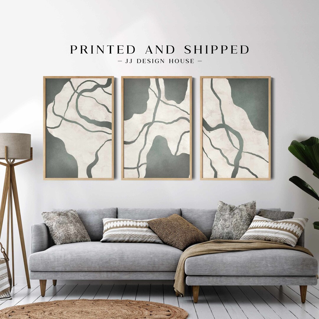 Sage Green Abstract Wall Art, Printed Wall Art Set of 3 Prints, Green ...