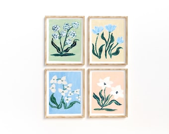 Pastel Floral Wall Art Set of 4, Blue Flower Prints, Cottage Wall Decor, Botanical Gallery Wall, Printable Art