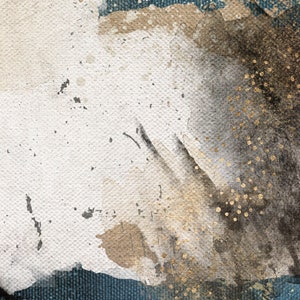 May include: Abstract art painting on canvas with a textured surface. The painting features shades of white, brown, black, and gold. The gold paint is applied in a speckled pattern.