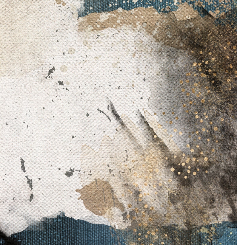 May include: Abstract art painting on canvas with a textured surface. The painting features shades of white, brown, black, and gold. The gold paint is applied in a speckled pattern.