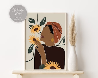 Black Woman & Sunflower Art, African Art Print, Sunflower Wall Art, Bohemian Wall Art, Minimal Sunflower Print, Black Woman Art Printable