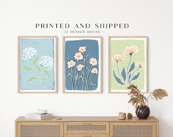 Blue Green Botanical Printed Wall Art , 3 Piece Wall Decor Grandmillenial Wall Art, Botanical Print Set