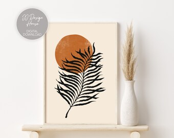 Black Leaves Print, Tropical Plant Print, Boho Sun Wall Art, Beige Black Prints, Abstract Botanical Print, Burnt Orange Prints Printable