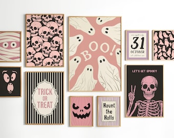 Pink Halloween Wall Art Set, Pastel Halloween Prints for Kids, Spooky Gallery Wall, Printable Halloween Decor Set of 18