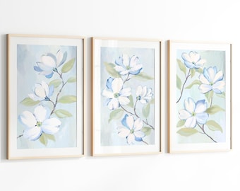 Blue Floral Wall Art Set of 3, Botanical Printable Art, Cottage Bedroom Decor, Pastel Flower Prints