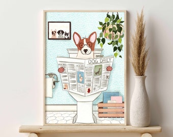 Dog on Toilet Bathroom Decor, Dog Reading Newspaper, Funny Bathroom Wall Art, Dog Lover Gift, Fun Bathroom Prints, Printable Wall Art