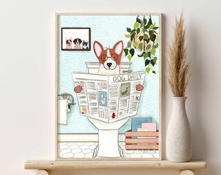Quadro Divertente Per Bagno: Cane Che Legge Sul Water, Stampa Su Tela 30x40 Cm