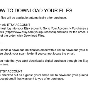 May include: White background with black text explaining how to download files after purchase. Instructions are provided for Etsy account holders and guests, including where to find the download link.