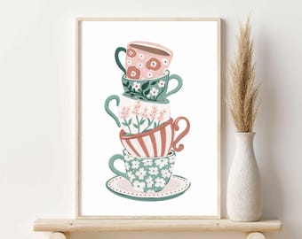 Arte de pared imprimible de tazas de té apiladas, ilustración de tazas de té estilo cottagecore, arte floral de tazas de té, decoración acogedora para la cocina, descarga instantánea
