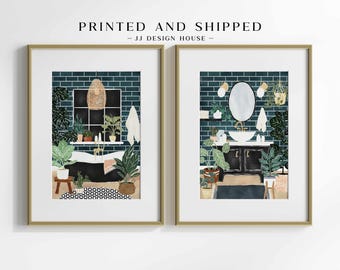 Printed Bathroom Wall Art, Botanical Art Print Set of 2, Green Wall Art, House Plant Print, Boho Plant Decor, PRINTED ART, Bathroom Decor