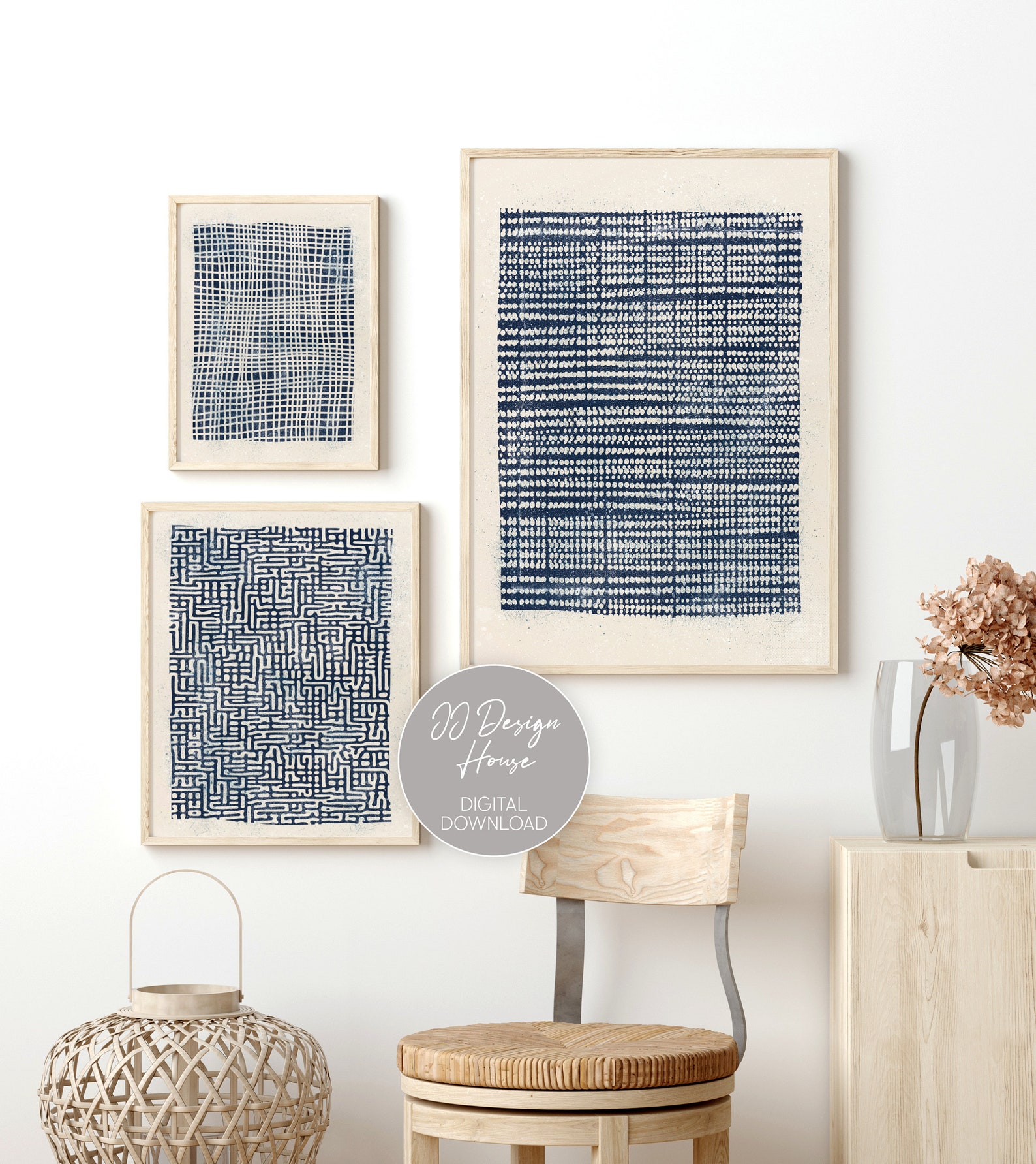 Blue Abstract Wall Art, Printable Wall Art Set of 3 Prints, Navy Blue ...