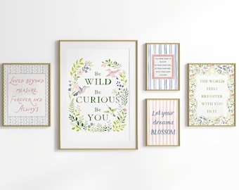 Baby Girl Nursery Wall Art Set, Floral Inspirational Quotes (Digital Download)