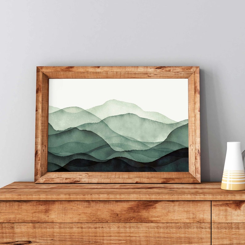 Green Mountain Wall Art, Watercolor Painting Abstract Mountain Print, Landscape Print, Modern Home Decor, Printable Wall Art image 2