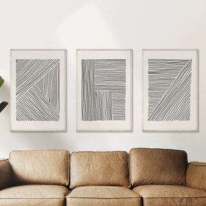 Wall Prints Set of 3, Mid Century Modern, Abstract Line Drawing Gallery Wall, Black and Cream Minimalist Line Drawing, Printable Set of 3