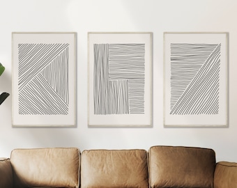 Wall Prints Set of 3, Mid Century Modern, Abstract Line Drawing Gallery Wall, Black and Cream Minimalist Line Drawing, Printable Set of 3