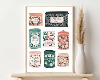 Arte de pared imprimible con latas de té vintage, arte de té cottagecore, ilustración floral de latas de té, decoración acogedora para la cocina, descarga instantánea