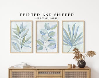 Blue Botanical Wall Art Set of 3, Leaf Prints, Coastal Wall Decor, Organic Modern Wall Art, PRINTED WALL ART