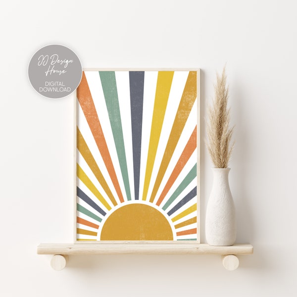 Boho Sun Print, Colorful Wall Art, Boho Wall Decor, Retro Wall Art, Printable Art Work, Mid Century Modern Decor, Bohemian Sun Poster