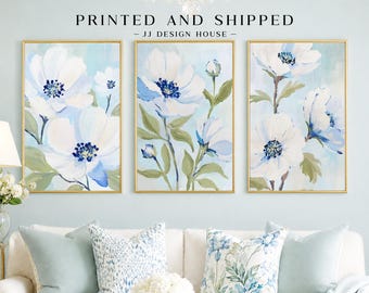 Blue Floral Wall Art Set of 3, Pastel Flower Prints, Cottage Wall Decor, Botanical Gallery Wall, Printed Wall Art