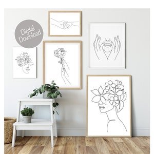 Minimalist Wall Art Prints, Bedroom Printable Art, Bedroom Wall Decor Over the Bed, Line Art Black and White Prints, Female Line Art Flower