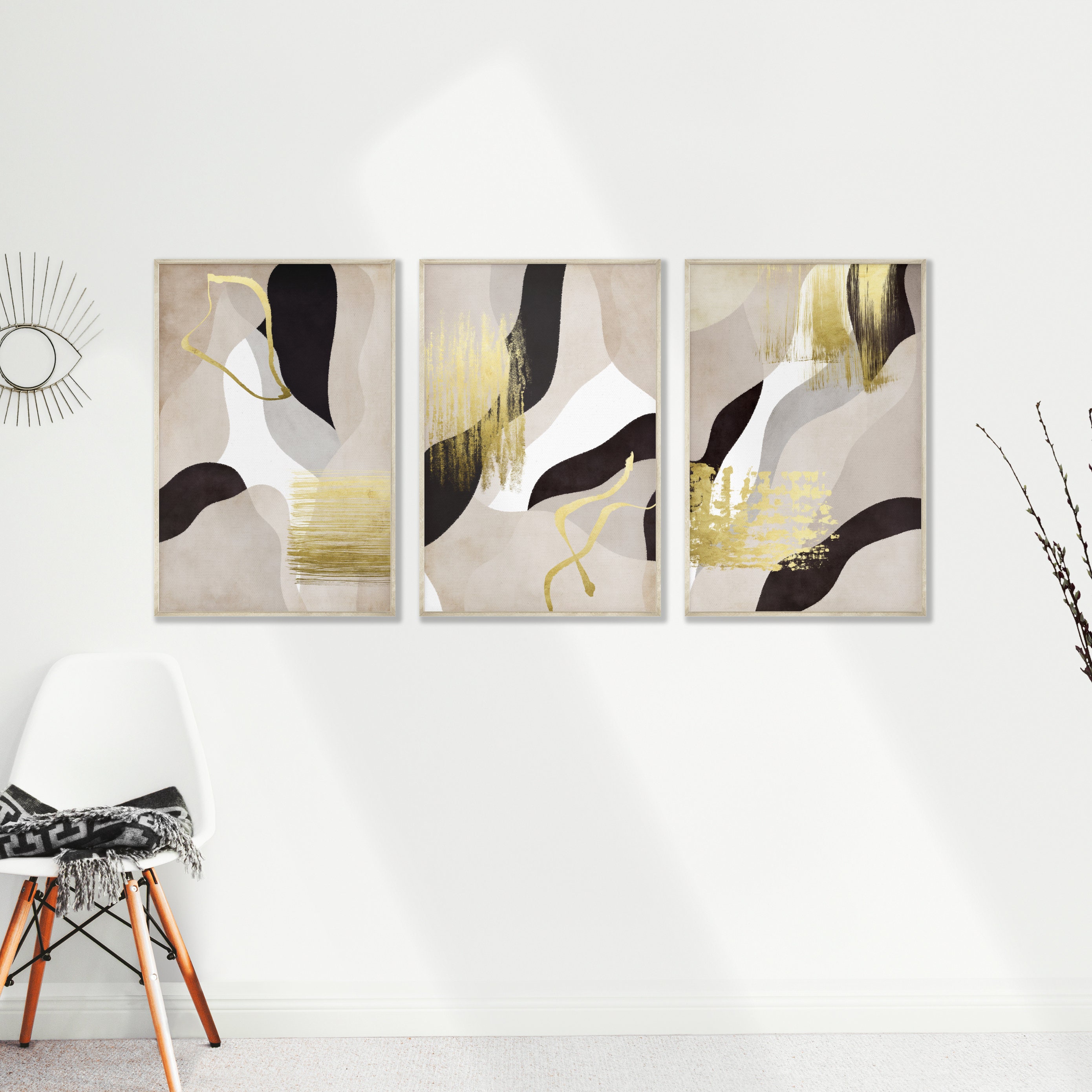 Black Gold Wall Art Printable Abstract 3 Piece Wall Art Etsy