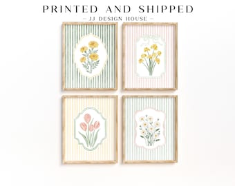 Floral Wall Art Set of 4, Printed Botanical Art, Cottagecore Flower Prints, Nursery Wall Decor for Girls Room, Cottage Core Home Decor