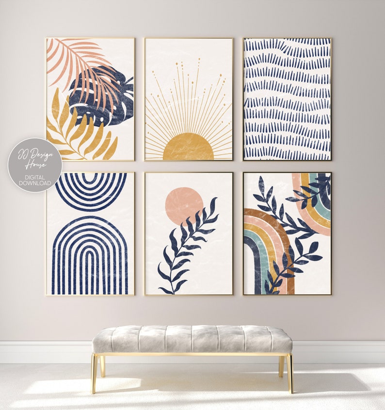 Navy Blue Wall Art Gallery Wall Set Mid Century Modern Etsy