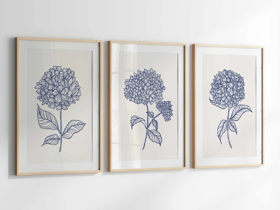 Blue Botanical Wall Art Hydrangea Print Set, 3 Piece Wall Decor ...