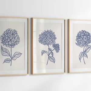 Blue Botanical Wall Art Hydrangea Print Set, 3 Piece Wall Decor Minimalist Wall Art, Botanical Print Set, Printable Wall Art Digital Art