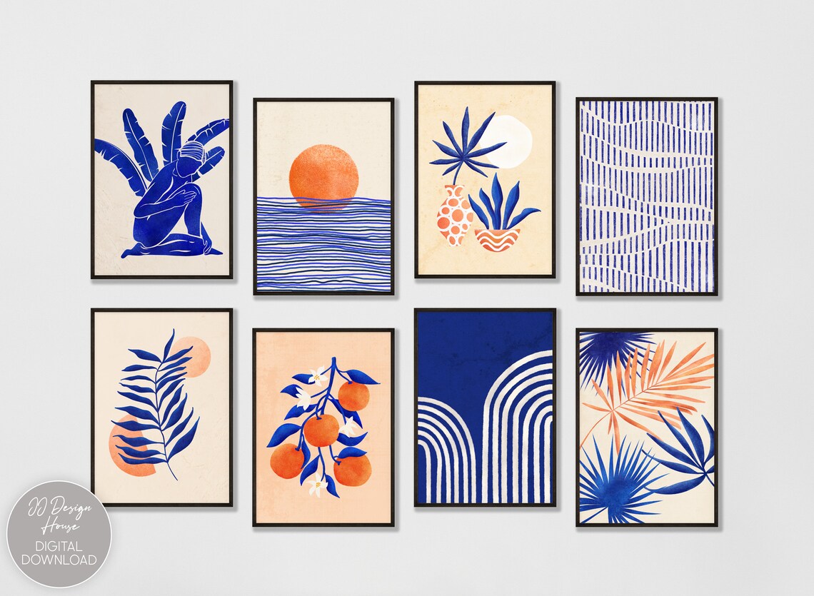 Blue Wall Art Gallery Wall Set of 8 Prints Mid Century Etsy