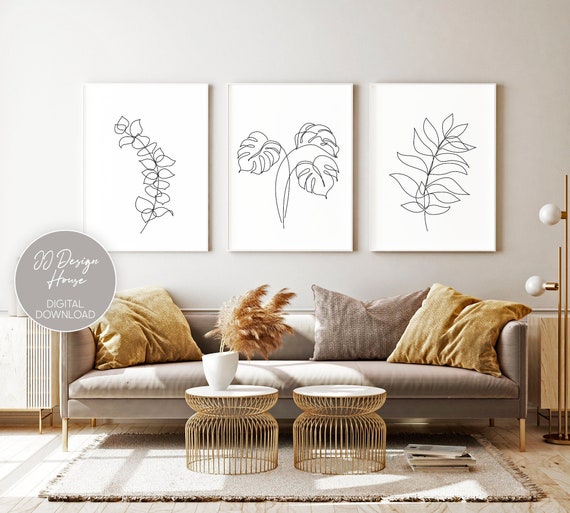 Line Art Plants Set of 3, Leaf Wall Art Prints, Botanical Prints 3 Piece Wall Art Set, Tropical Leaf, Minimalist Decor, Living Room Decor