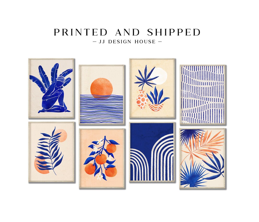 Blue Wall Art Set of 8 Prints, Boho Wall Art Gallery Wall Set