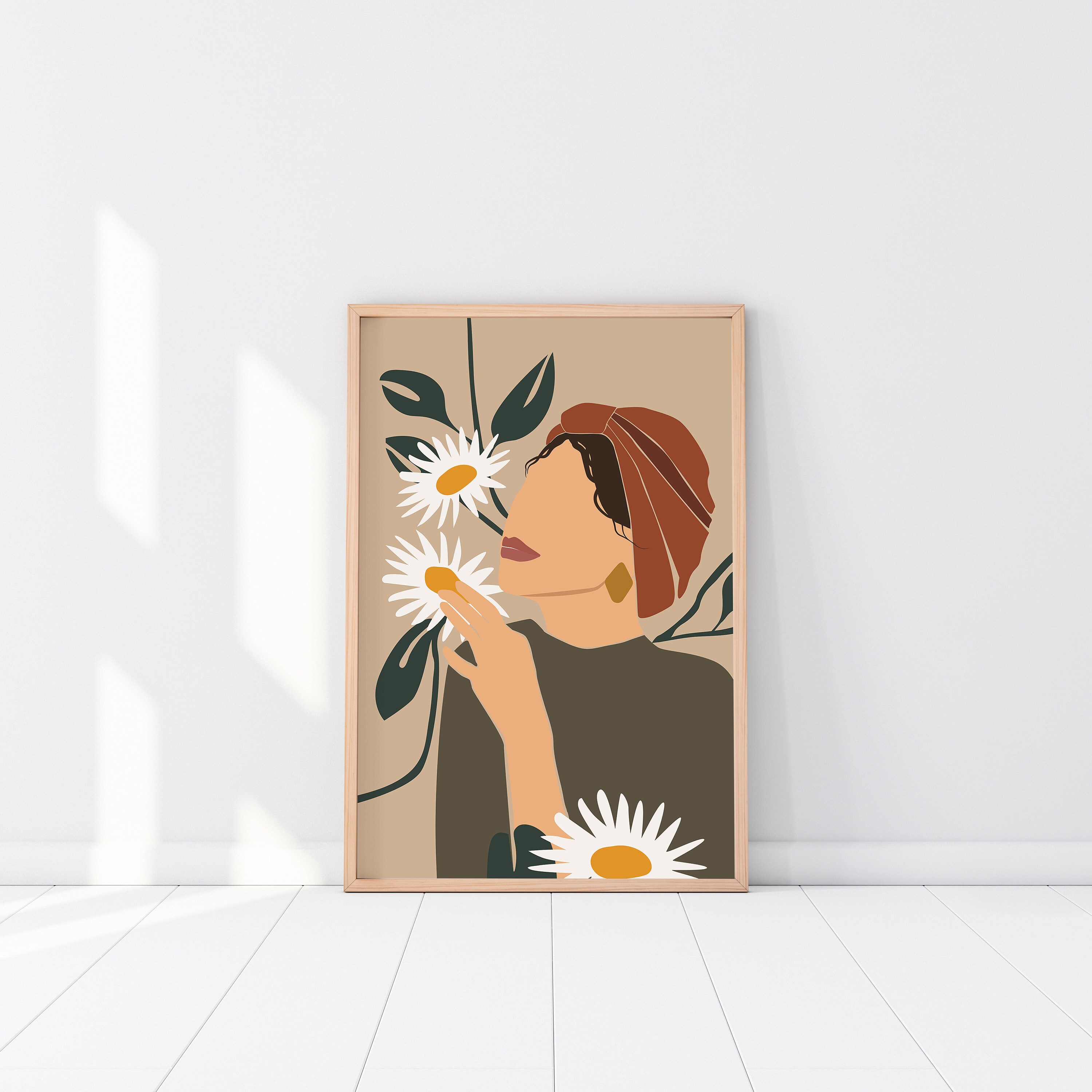 Modern art-DIGITAL DOWNLOAD 16x20 Abstract mid century boho woman in hat Botanical Plants Cacti Minimal modern art Female portrait